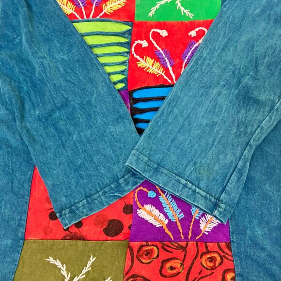 Rising International Sz L 3/4 Sleeve Patchwork Colorblock Distressed Top Nepal - Picture 13 of 16
